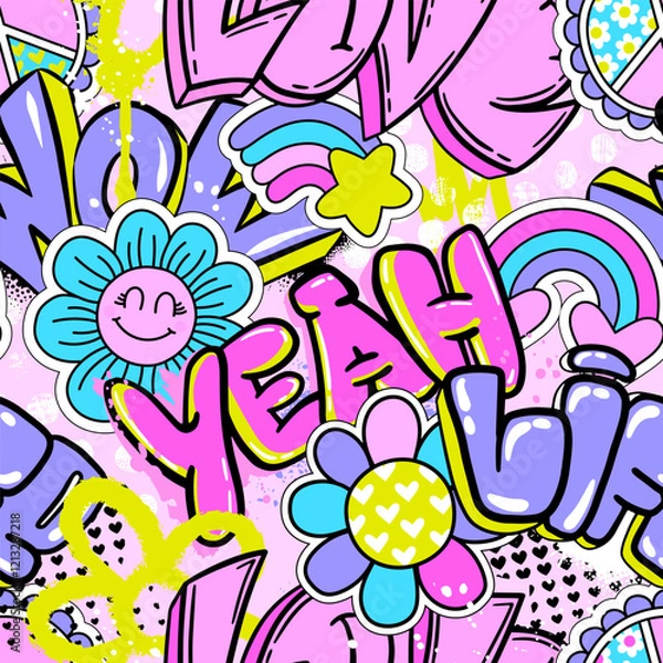 Obraz Abstract seamless chaotic pattern with graffiti words. Bright neon Grunge texture background. Wallpaper for girls.  Fashion urban  style