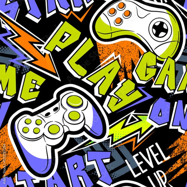 Obraz Seamless abstract pattern with joystick game and graffiti words. Bright colorful  vector Print for boys.