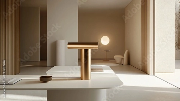 Fototapeta Minimalist gold lamp on modern table, sunlit lobby, serene background, interior design