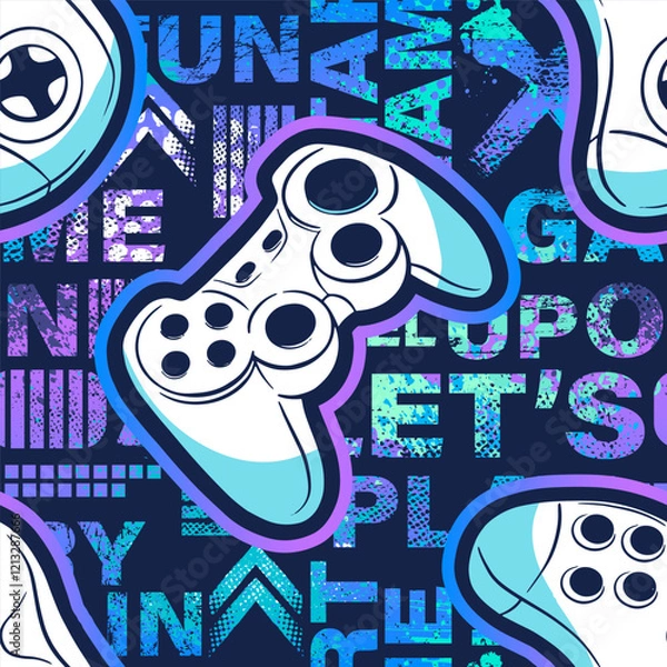 Obraz Seamless abstract pattern with joystick game and graffiti words. Bright colorful  vector Print for boys.