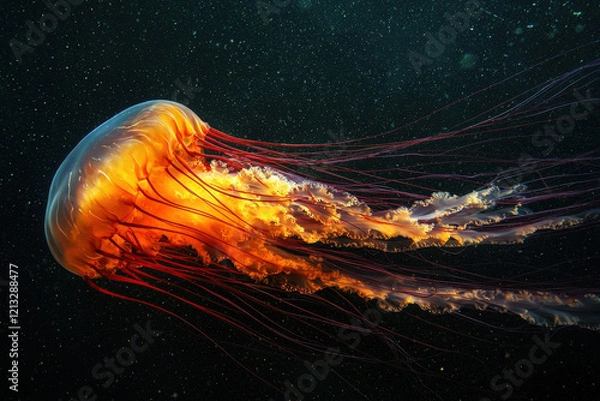 Fototapeta Fiery orange jellyfish with long flowing tentacles illuminated in deep ocean
