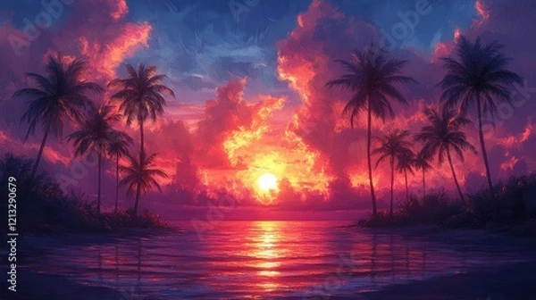 Fototapeta Silhouetted Palm Trees Vector Illustration for Banners and Marketing Materials in Tropical Beach Design