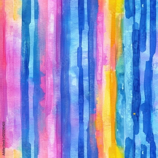 Fototapeta Abstract Watercolor Seamless Pattern with Vibrant Vertical Strokes in Blue Pink and Yellow
