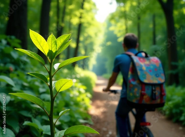 Fototapeta A young plant with a backpack hikes through a lush forest, holding a vibrant apple and looking up at the tall trees on a scenic trail.  Depth of field,  mood of tranquility, vibrant lighting,  and an 