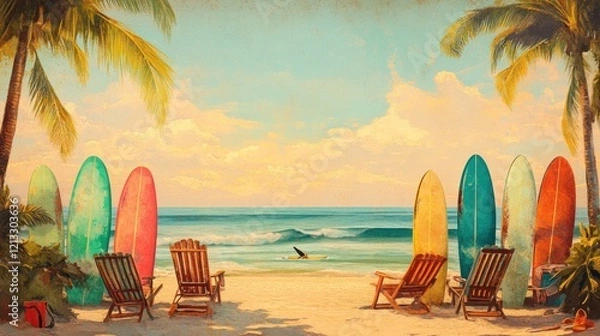 Fototapeta Vintage surf beach scene with colorful boards and chairs