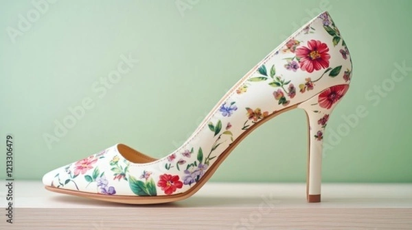 Obraz Beautiful floral-patterned high heels, resting on a light wooden surface with a spring green background.