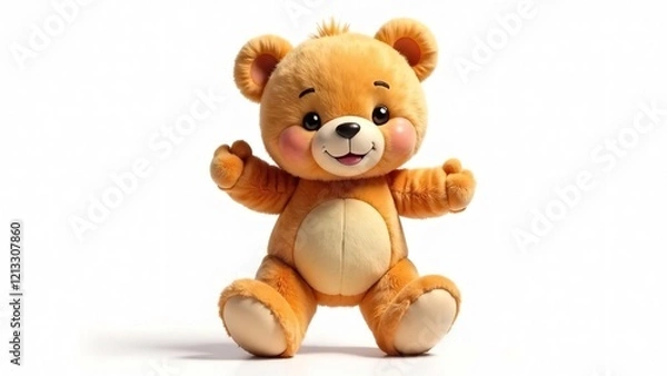 Fototapeta cute brown fluffy smiling teddy bear toy dancing on isolated white background and looking at camera. childhood concept. toy store. toy comes to life. 4k