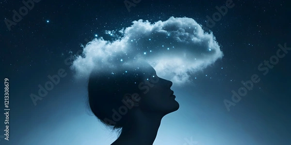 Fototapeta A cloud of swirling thoughts above a person’s head, with some thoughts turning into gentle stars, symbolizing peace emerging from chaos.


