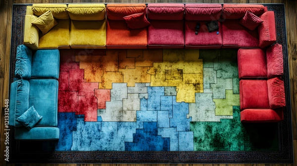 Fototapeta Vibrant Rainbow Colored Carpet and Sectional Sofa in Modern Living Room