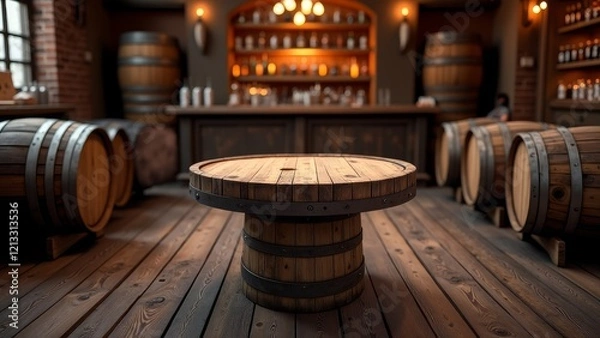 Obraz A wooden barrel serves as a table in a rustic bar, surrounded by other barrels and a bar counter