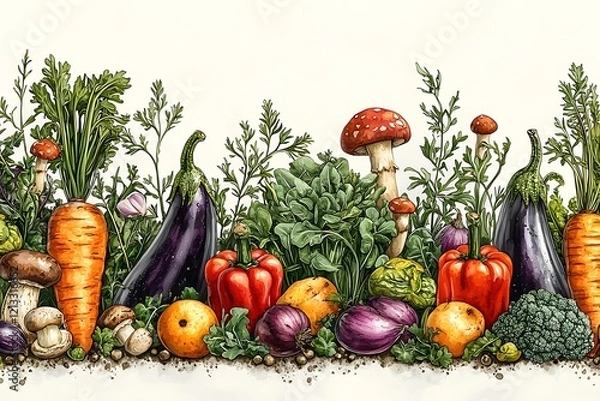 Fototapeta Horizontal wave border featuring seamless illustrations vegetables like eggplants, mushrooms, and carrots