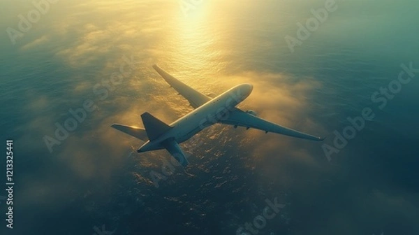 Fototapeta Airplane flying above clouds at sunset. (1)