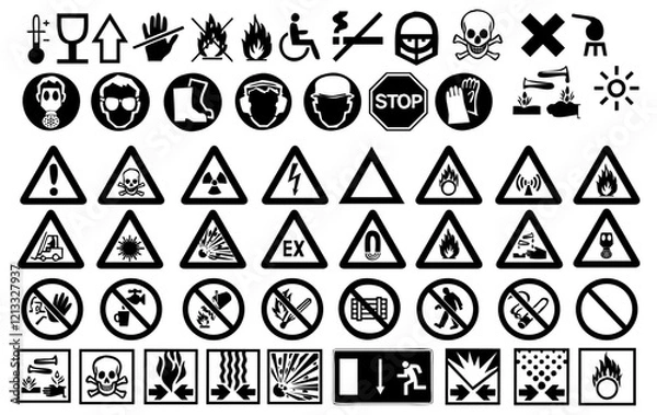 Fototapeta Essential Safety Symbols: A comprehensive collection of essential safety symbols, presented in a crisp, clear, high-contrast black and white format for immediate visual communication.