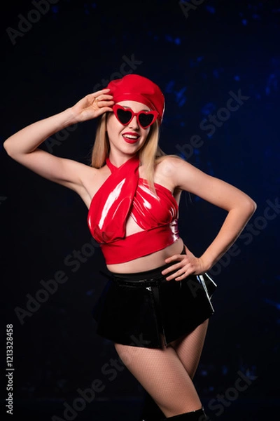 Obraz Beautiful sexy girl in red latex top, black latex skirt and red beret with red heart-shaped glasses. Smiling and posing on dark background. Holding glasses with hand