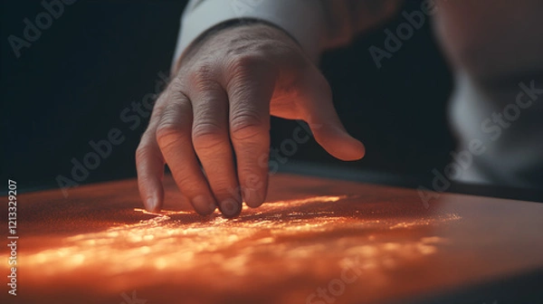 Obraz A digital projection of fluctuating market values, with a hand adjusting the settings on a financial app.


