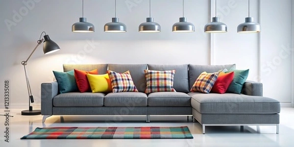 Fototapeta Modern Gray Modular Sofa with Pillows and Plaid - Minimalist Interior Design