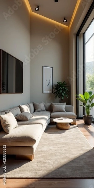 Fototapeta Modern living room with beige couch and natural light