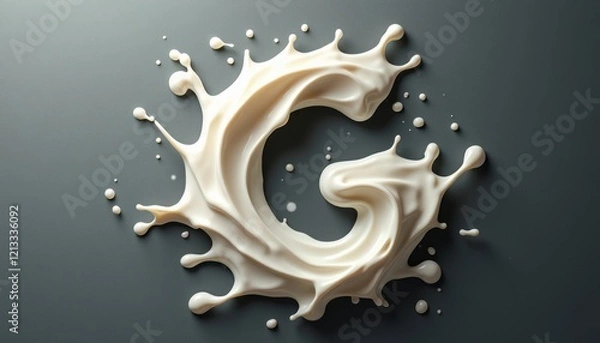 Fototapeta This captivating image showcases a dynamic splash of creamy milk, artistically shaped into the letter G against a sleek gray background. The fluid motion and glossy texture evoke a sense of freshness
