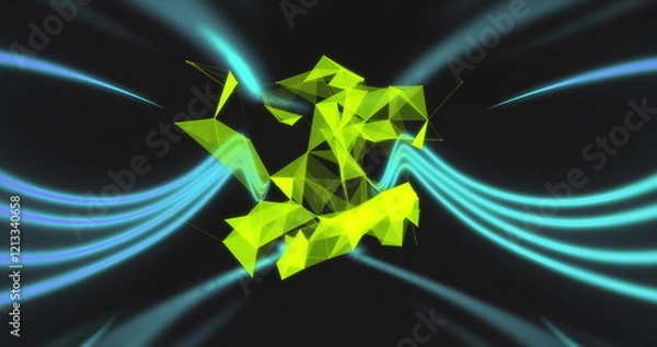 Fototapeta Image of 3d yellow network over glowing light waves changing colour on black background