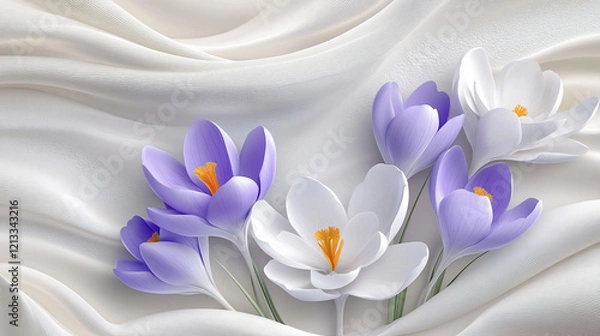 Obraz Purple and white crocuses on soft fabric.