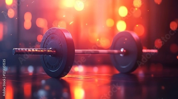 Fototapeta Weightlifting barbell rests on a shiny floor