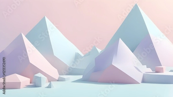 Fototapeta Abstract pastel-colored low-poly 3D rendering of a minimalist geometric landscape.