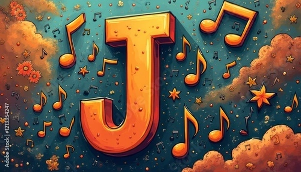 Fototapeta A bold, orange letter J stands out against a dreamy blue sky, adorned with colorful musical notes and playful clouds. This lively illustration captures the joy of music and creativity, inviting