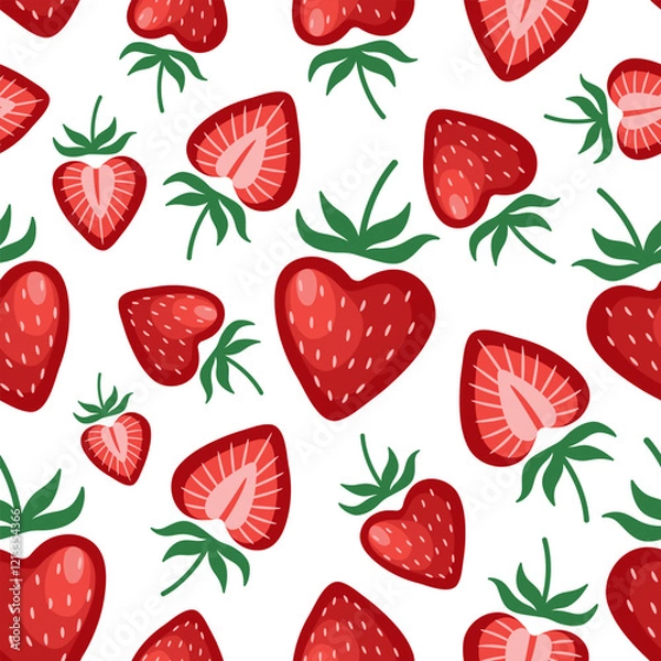 Fototapeta Seamless pattern with strawberry hearts on a white background. Bright red heart shaped strawberries background. Cute colorful vector pattern for a wrapping paper, textile print, wallpaper