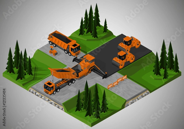 Fototapeta Izometryczne ilustracji wektorowych budowy dróg i maszyn. Wywrotka, walce drogowe i rozściełacz asfaltu.