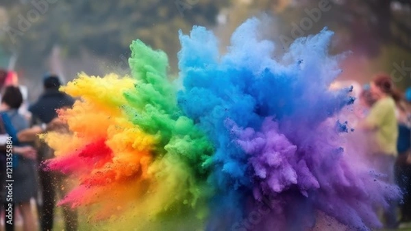 Fototapeta A vibrant explosion of colorful powder creates a stunning rainbow effect, capturing the joy and spirit of celebration in a lively outdoor festival setting.