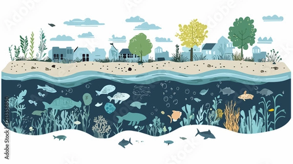 Fototapeta Detailed Water Environment Ecology Line and Fill Vector Illustration