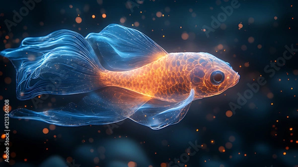 Fototapeta Glowing goldfish swims dark aquatic background; digital art, website design