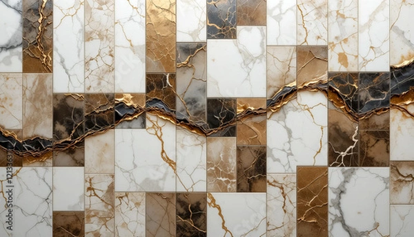 Obraz A fragmented pattern of marble tiles united by golden lines