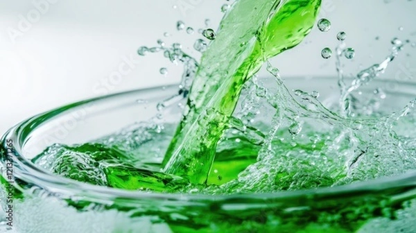 Fototapeta A stream of vibrant green dishwashing liquid mid-pour into a clear glass bowl, splashes and suds captured in motion, clean white backdrop