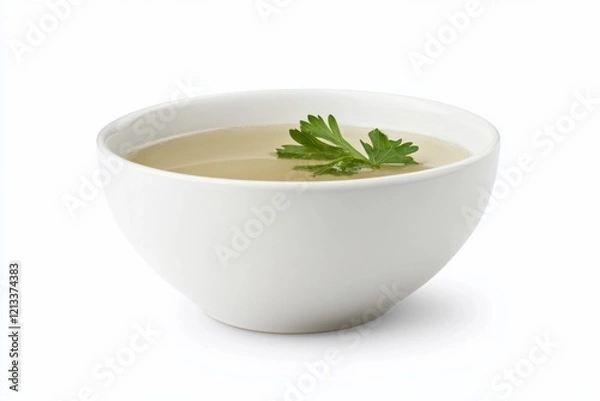 Obraz Clear broth in a white bowl garnished with parsley.