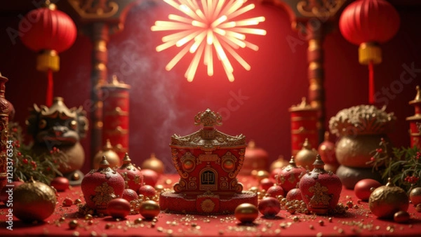 Fototapeta Lunar New Year Celebration: Red Lanterns & Fireworks - Lunar New Year