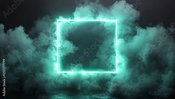 Fototapeta Glowing teal neon square frame in smoky dark background.