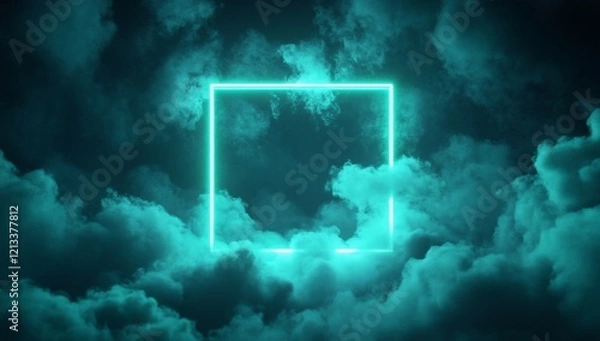 Fototapeta Glowing teal neon square frame in dark clouds.