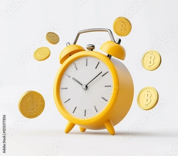 Fototapeta Yellow alarm clock with gold coins levitating around it, symbolizing time and money.