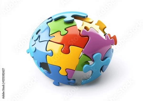Fototapeta Colorful puzzle pieces forming a sphere, some pieces missing.
