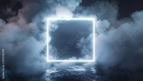 Fototapeta Glowing neon square frame in smoky cloudscape.