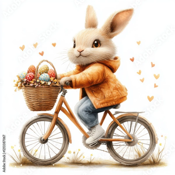 Fototapeta Cartoon of a cheerful bunny riding a bike with a basket of colorful Easter eggs, wearing an orange jacket, surrounded by heart accents on a white background, perfect for spring designs