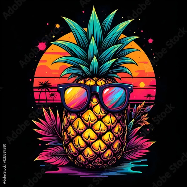 Obraz Pineapple with neon sunglasses, IA Generative