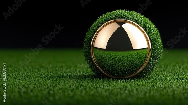 Fototapeta Golden Sphere on Grass: A captivating abstract image of a gleaming golden sphere nestled in lush green grass, its reflective surface reflecting the surrounding environment.