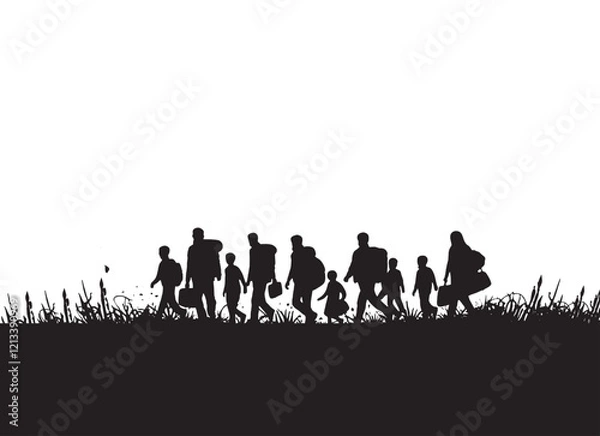 Fototapeta A Journey of Hope, A silhouette of refugees walking, carrying their belongings, their silhouettes stark against the white background, highlighting their arduous path forward,
