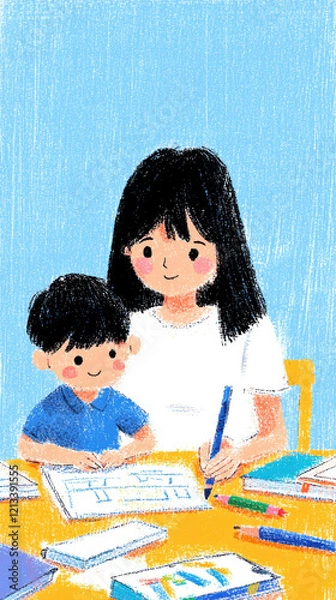 Fototapeta Love moment mother and children in the family, A mother helps her son with homework at a colorful table filled with books and stationery, emphasizing learning and togetherness.