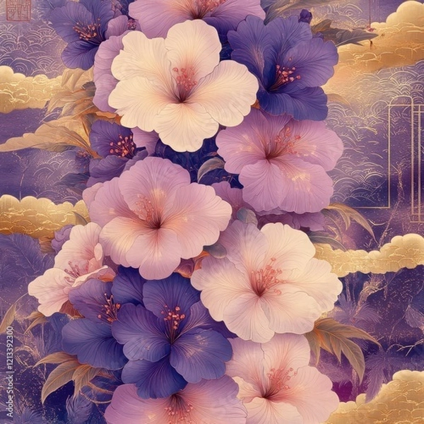 Fototapeta Art Illustration of Purple Flowers with Golden Patterns, A Blend of Elegance and Fantasy