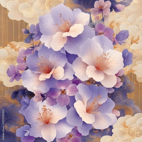 Fototapeta Art Illustration of Purple Flowers with Golden Patterns, A Blend of Elegance and Fantasy