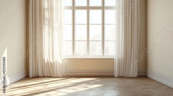 Fototapeta A clean, stark window with sheer curtains, slightly billowing, letting in natural light.