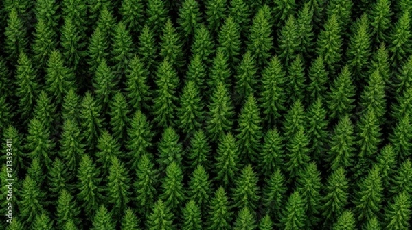Obraz Coniferous Canopy: An aerial perspective reveals a mesmerizing tapestry of evergreen trees, their vibrant emerald foliage forming a dense and uniform canopy, creating a sense of peace and tranquility.